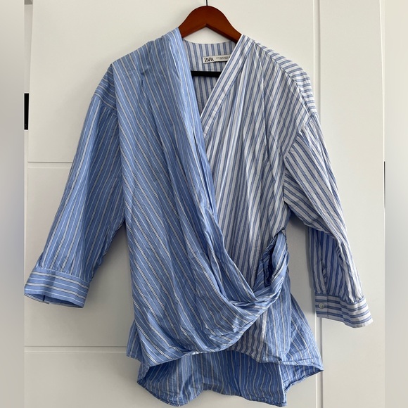 Zara blue striped poplin wrap shirt - Picture 2 of 4